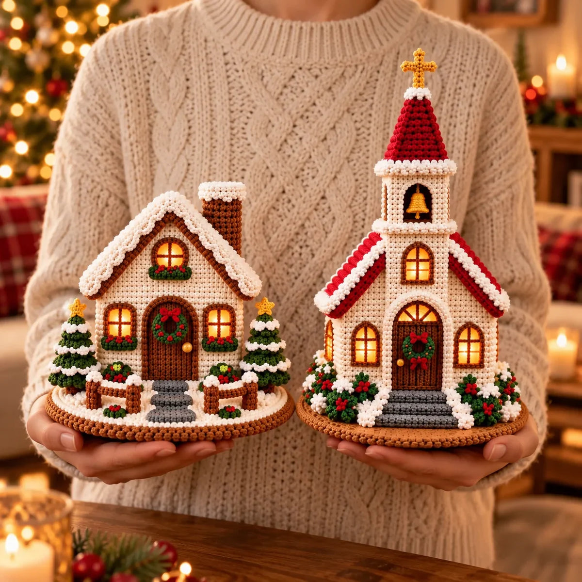 Crochet Christmas Village Pattern Set - House, Church & Trees