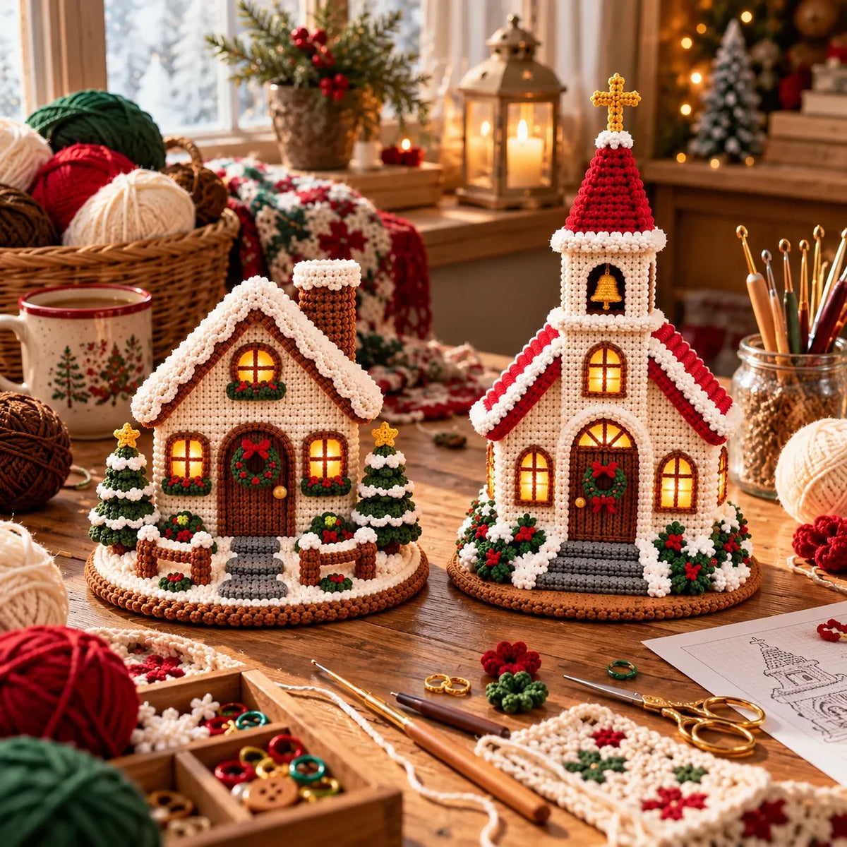 Crochet Christmas Village Pattern Set - House, Church & Trees