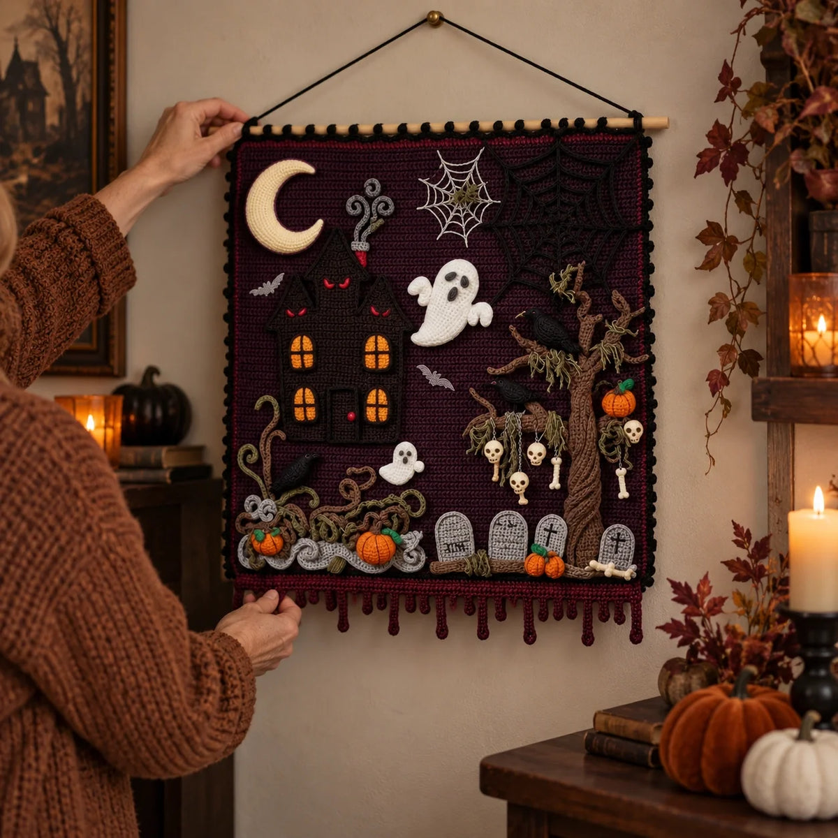 Haunted Hollow Crochet Wall Hanging Pattern โ Halloween Tapestry