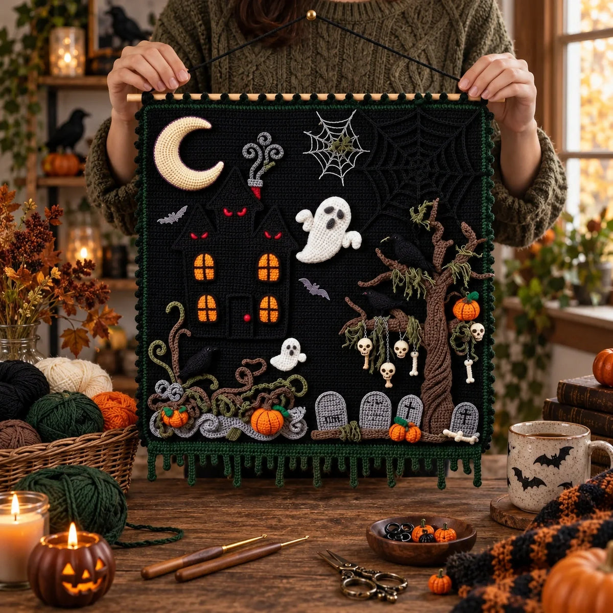 Haunted Hollow Crochet Wall Hanging Pattern โ Halloween Tapestry
