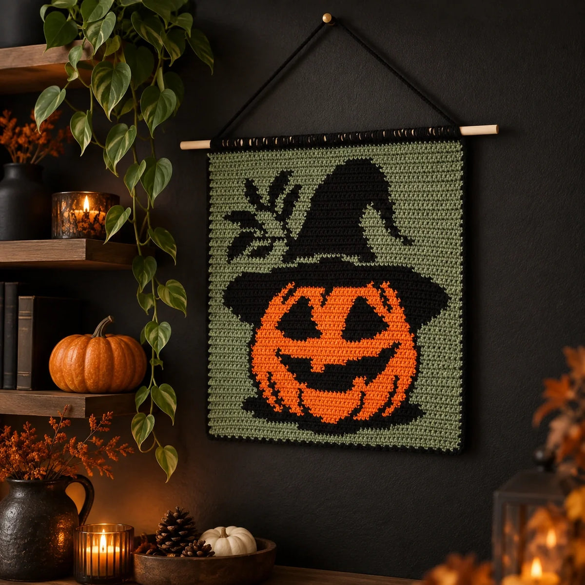 Halloween Pumpkin Witch Crochet Tapestry Pattern