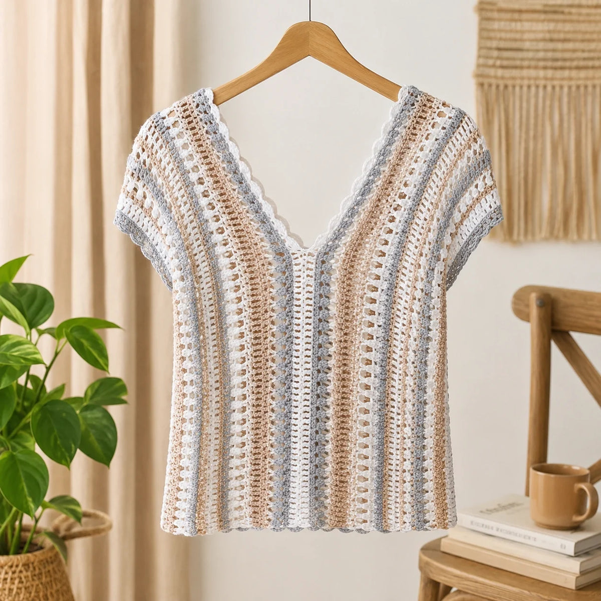 Meadow Stripe V-Neck Crochet Top Pattern - Easy V-Neck, XS-3XL