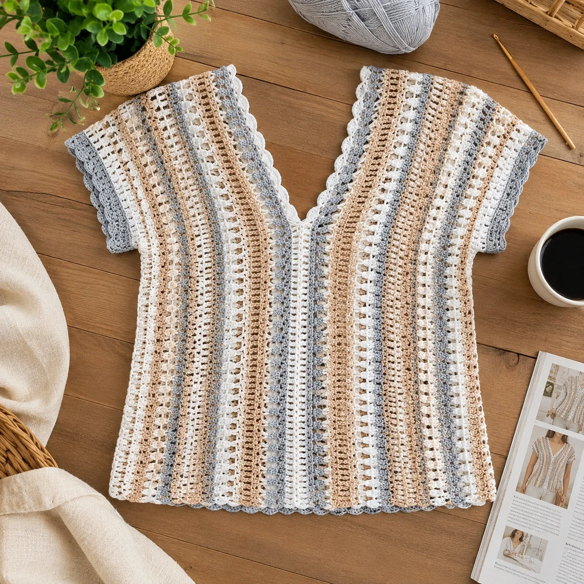 Meadow Stripe V-Neck Crochet Top Pattern - Easy V-Neck, XS-3XL