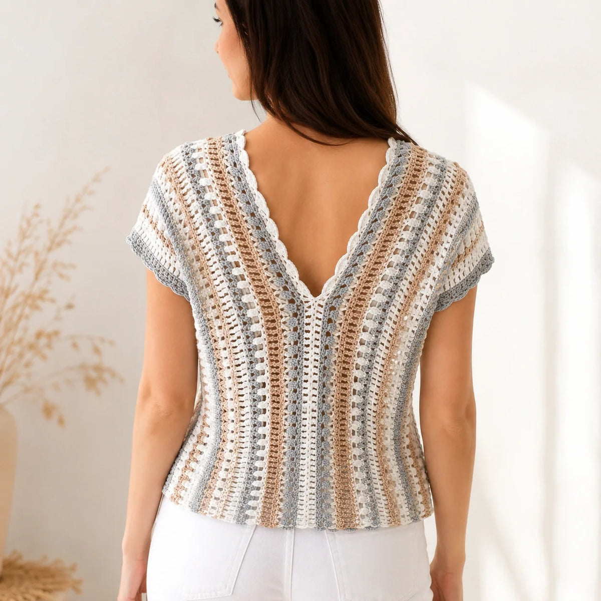 Meadow Stripe V-Neck Crochet Top Pattern - Easy V-Neck, XS-3XL