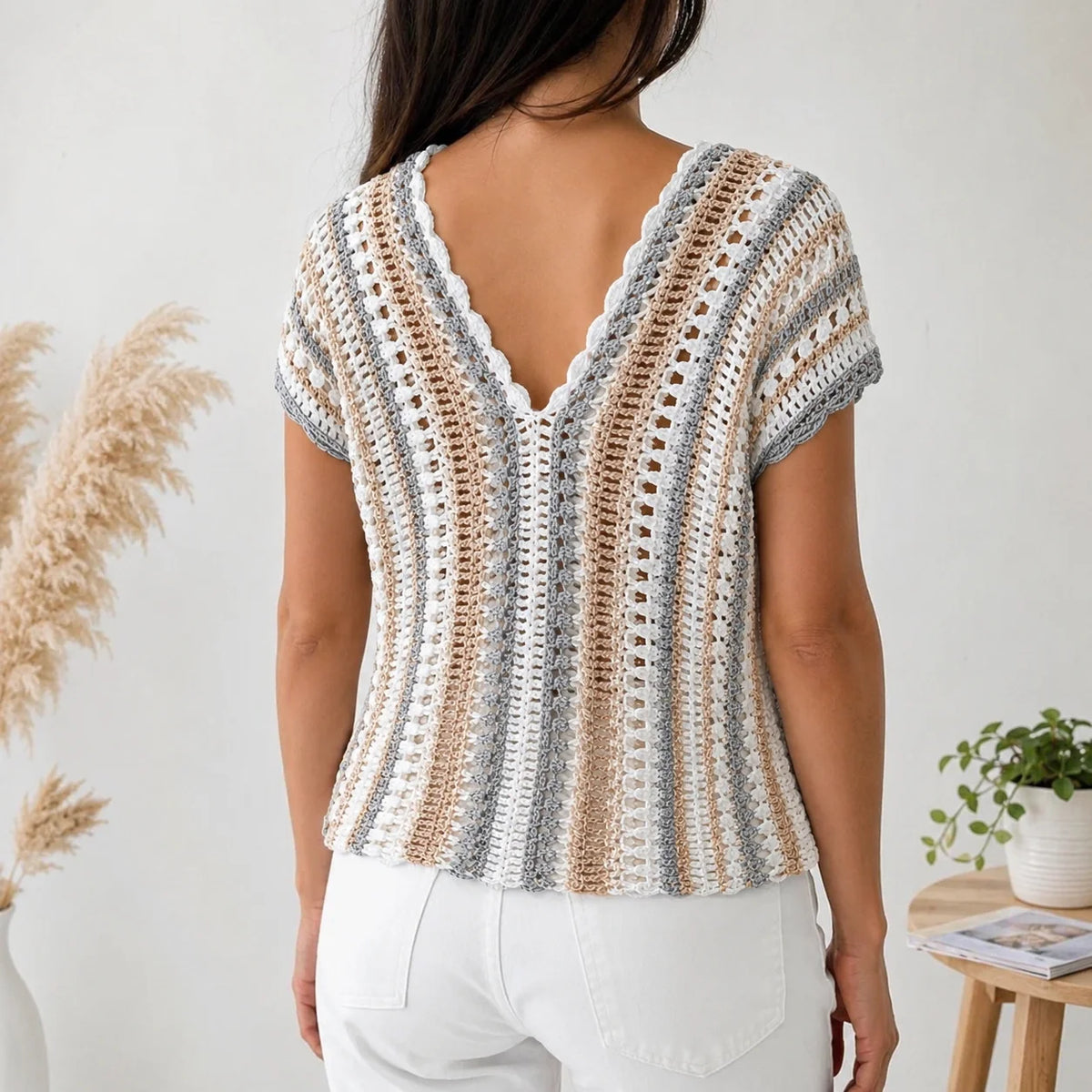 Meadow Stripe V-Neck Crochet Top Pattern - Easy V-Neck, XS-3XL