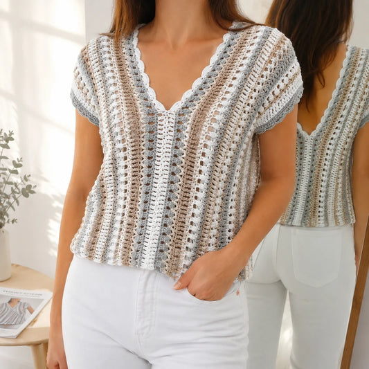 Meadow Stripe V-Neck Crochet Top Pattern - Easy V-Neck, XS-3XL