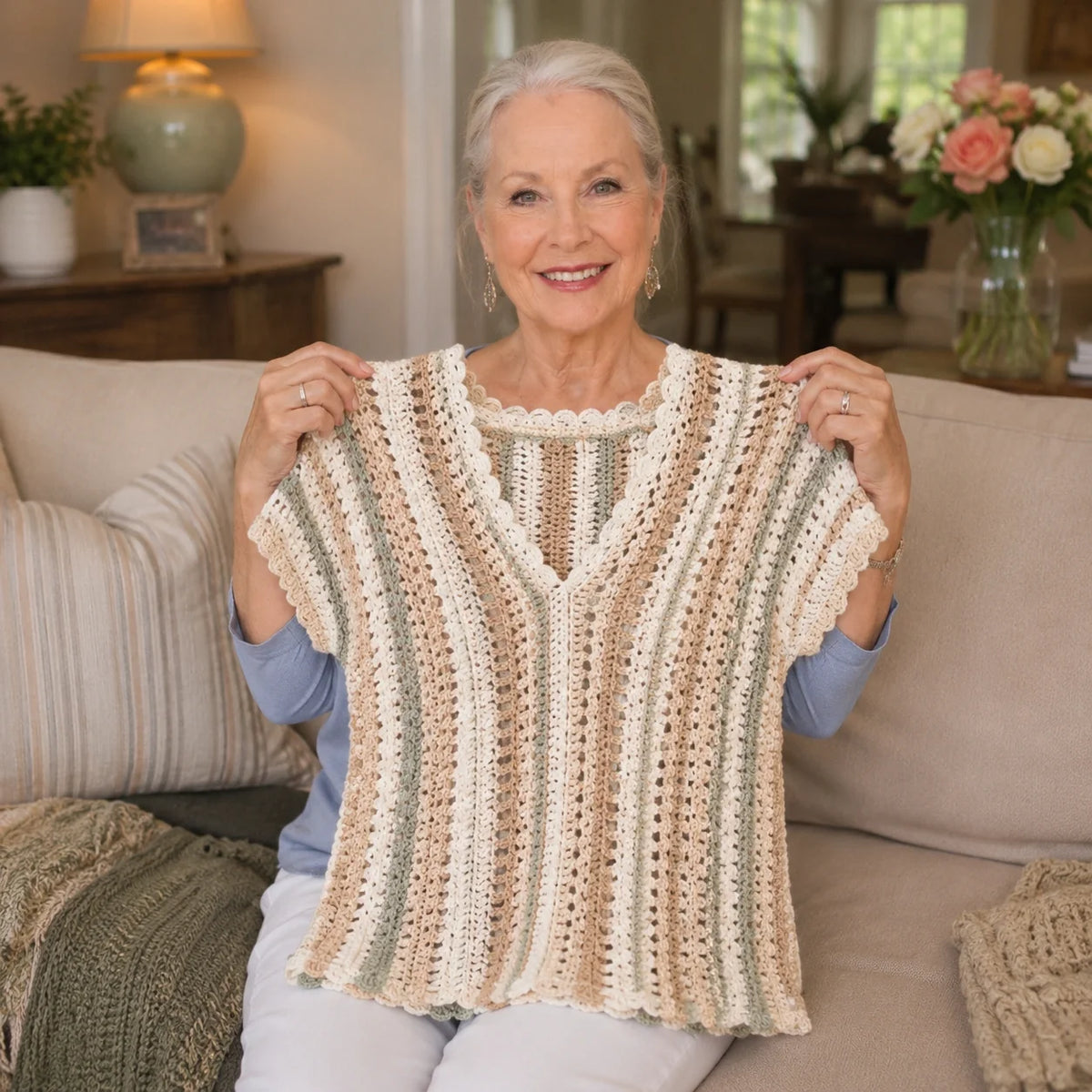 Meadow Stripe V-Neck Crochet Top Pattern - Easy V-Neck, XS-3XL