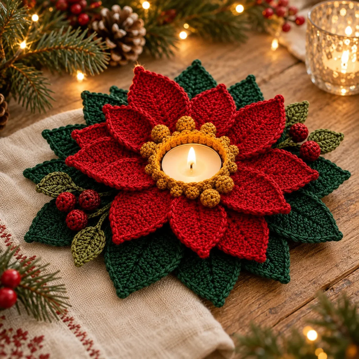 Crochet Poinsettia Tealight Holder Pattern - Christmas Table Decor