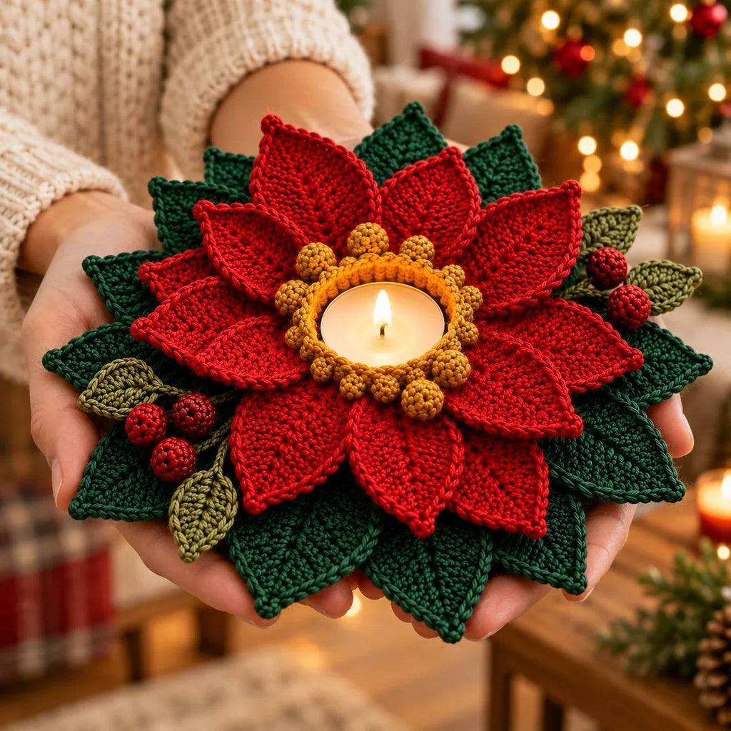 Crochet Poinsettia Tealight Holder Pattern - Christmas Table Decor