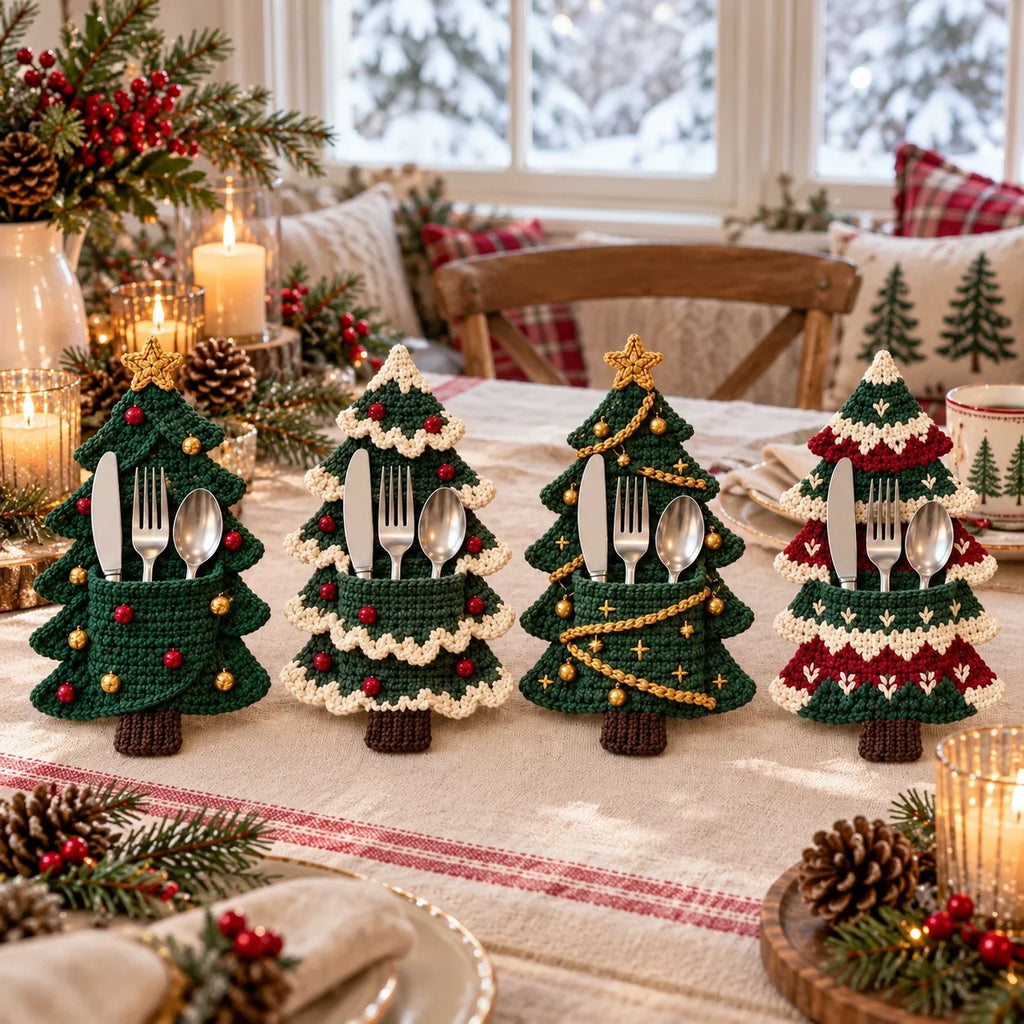 Crochet Christmas Tree Cutlery Holder Pattern Set - 4 Designs