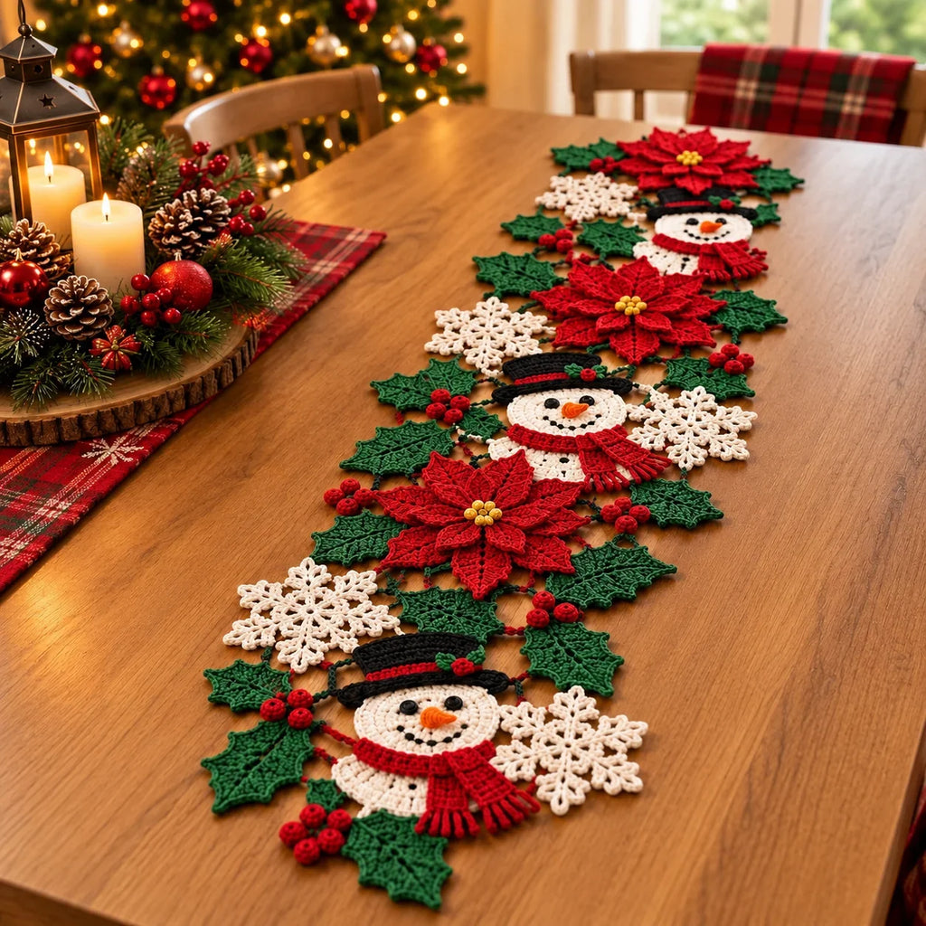 Crochet Christmas Table Runner Pattern - Snowman Poinsettia