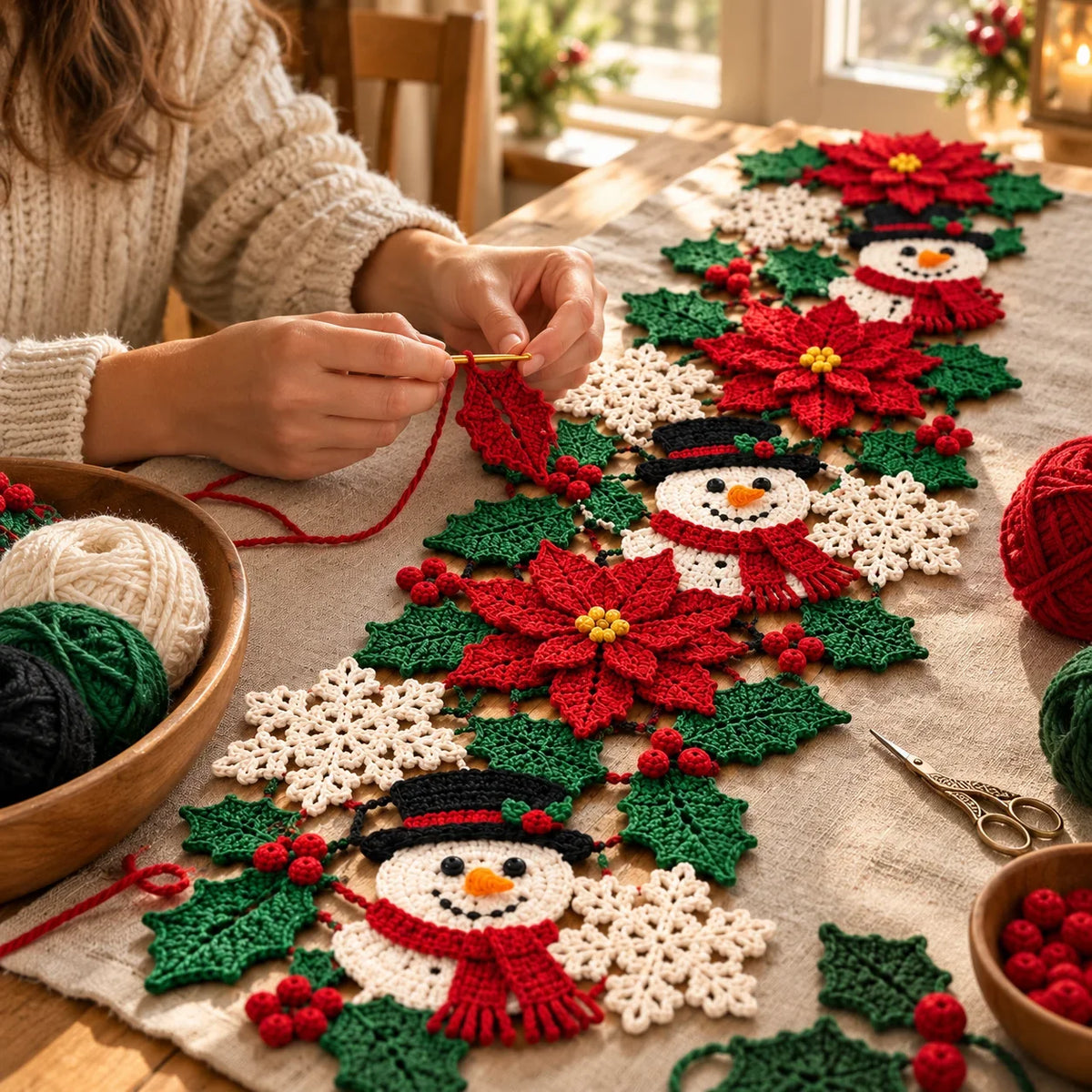 Crochet Christmas Table Runner Pattern - Snowman Poinsettia