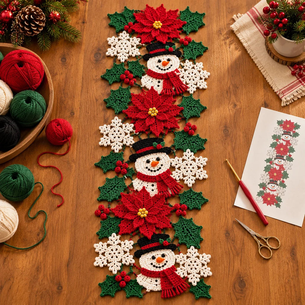 Crochet Christmas Table Runner Pattern - Snowman Poinsettia