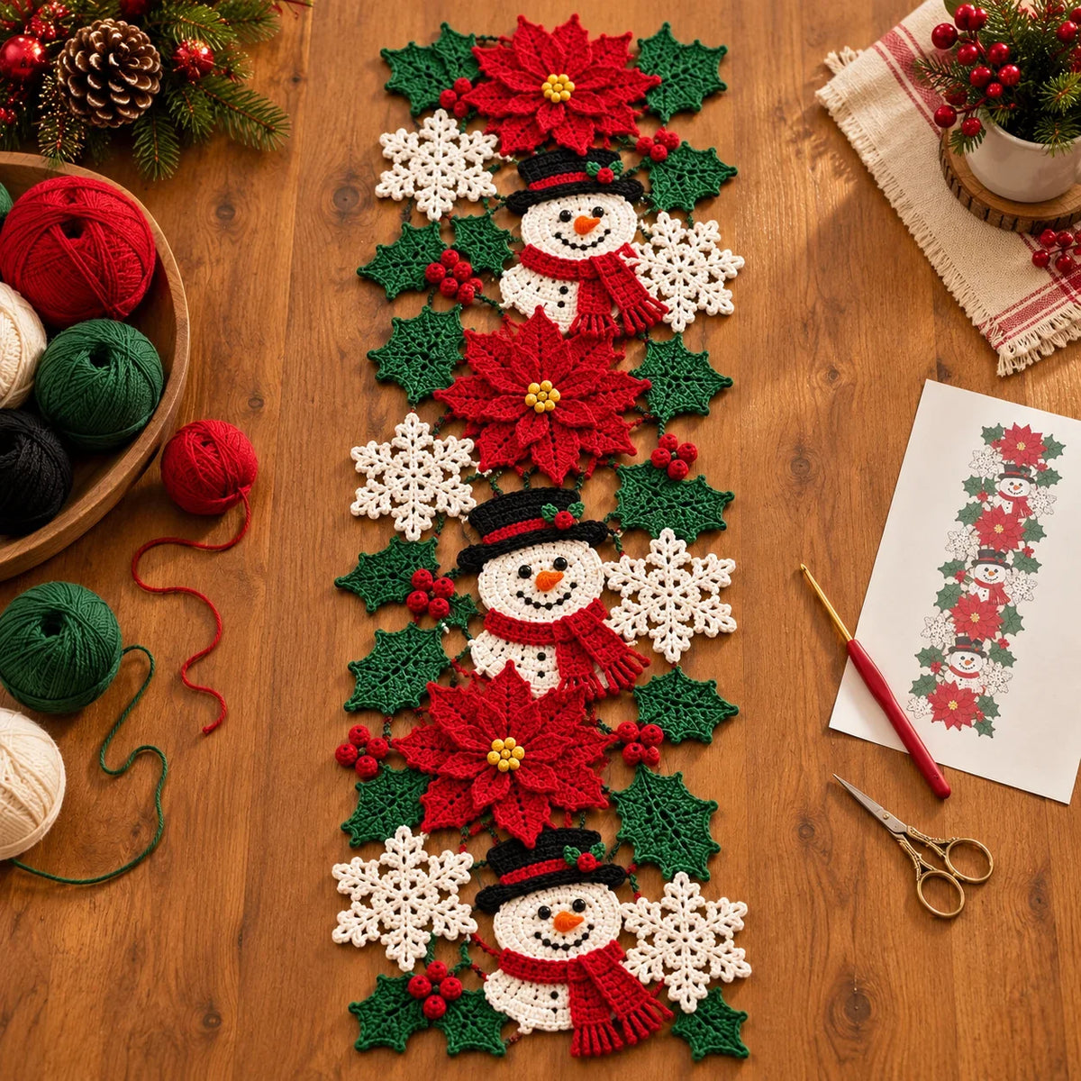 Crochet Christmas Table Runner Pattern - Snowman Poinsettia