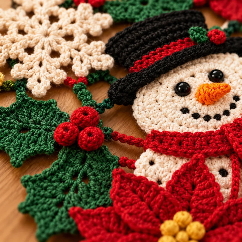 Crochet Christmas Table Runner Pattern - Snowman Poinsettia