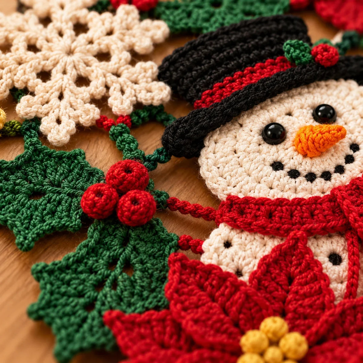 Crochet Christmas Table Runner Pattern - Snowman Poinsettia