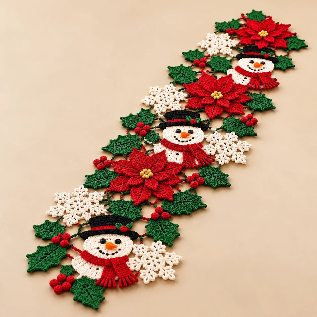 Crochet Christmas Table Runner Pattern - Snowman Poinsettia