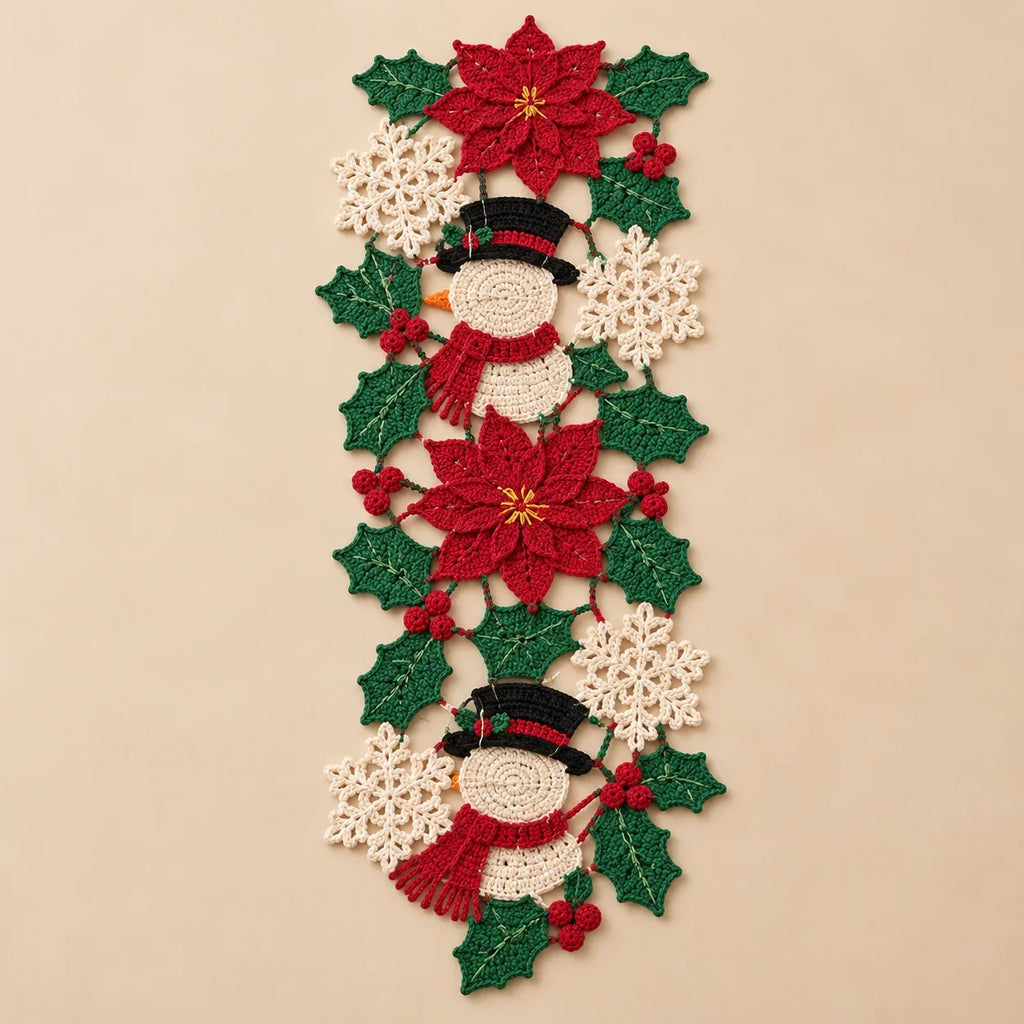 Crochet Christmas Table Runner Pattern - Snowman Poinsettia