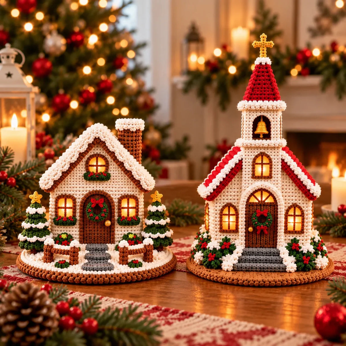 Crochet Christmas Village Pattern Set - House, Church & Trees