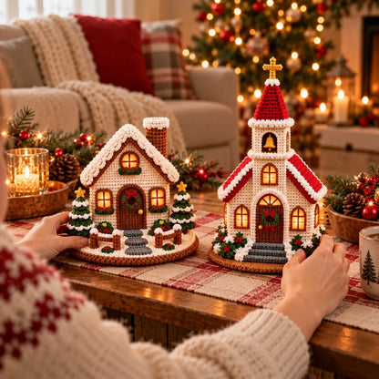 Crochet Christmas Village Pattern Set - House, Church & Trees