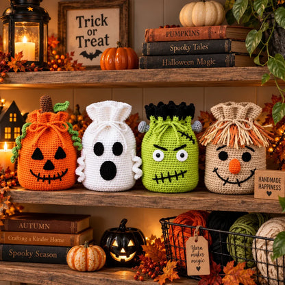 Crochet Halloween Treat Bag Pattern Set – 4 Spooky Designs