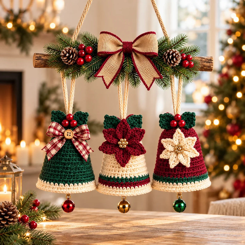 Christmas Crochet Bell Wall Hanging Pattern – Poinsettia & Bow Decor