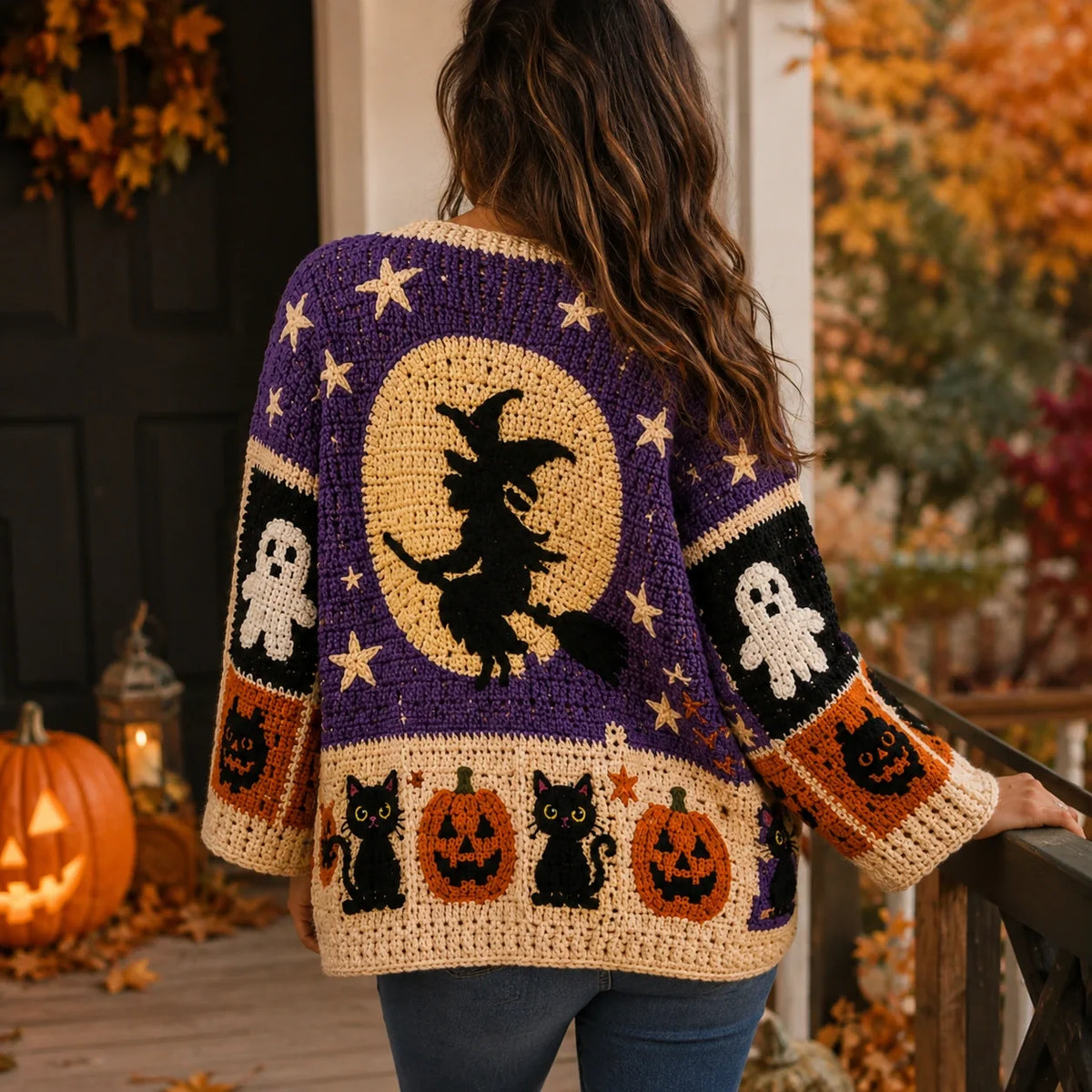 Halloween Patchwork Crochet Cardigan Pattern - Pumpkin Ghost Cat PDF, XS-8XL