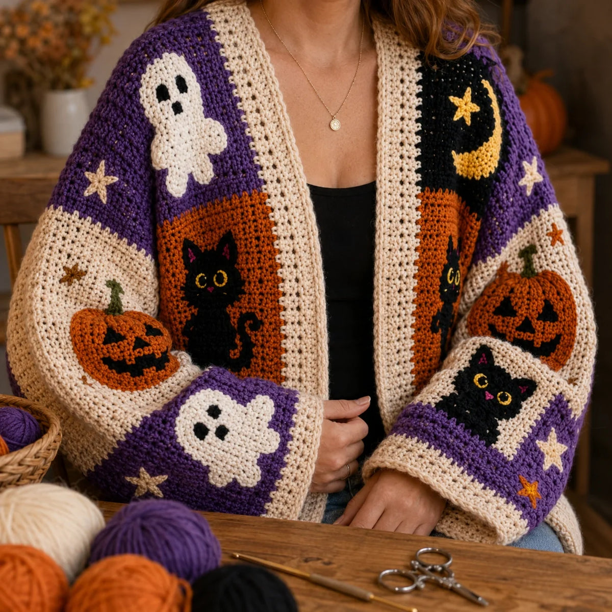 Halloween Patchwork Crochet Cardigan Pattern - Pumpkin Ghost Cat PDF, XS-8XL