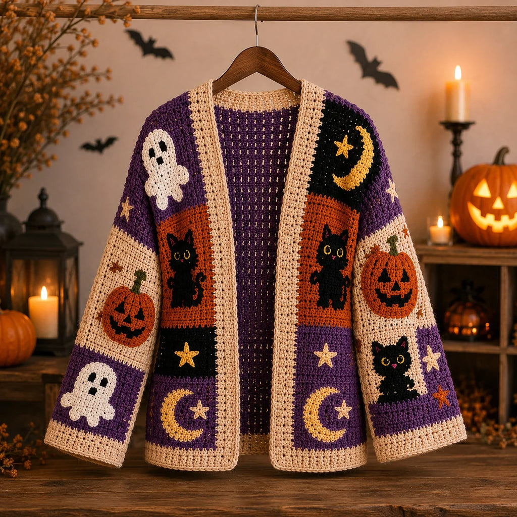 Halloween Patchwork Crochet Cardigan Pattern - Pumpkin Ghost Cat PDF, XS-8XL
