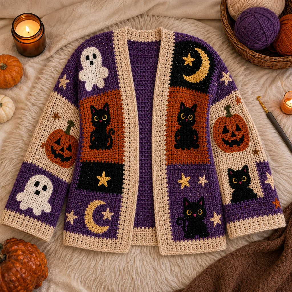 Halloween Patchwork Crochet Cardigan Pattern - Pumpkin Ghost Cat PDF, XS-8XL