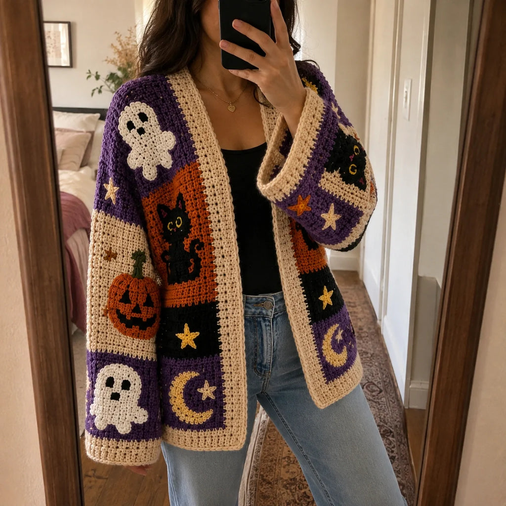 Halloween Patchwork Crochet Cardigan Pattern - Pumpkin Ghost Cat PDF, XS-8XL