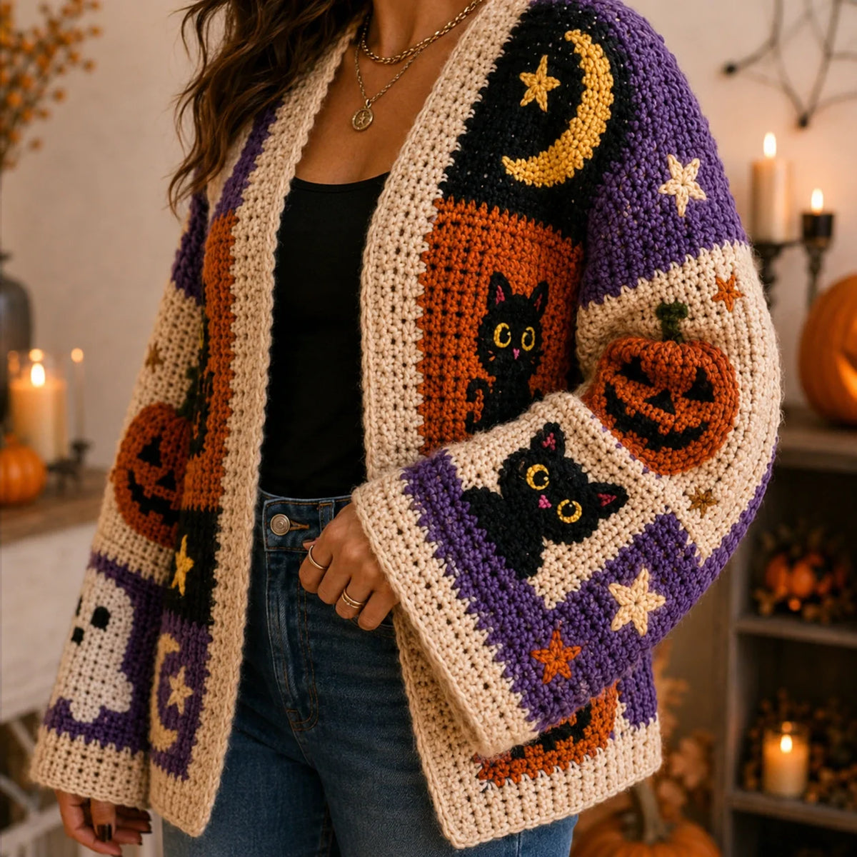 Halloween Patchwork Crochet Cardigan Pattern - Pumpkin Ghost Cat PDF, XS-8XL