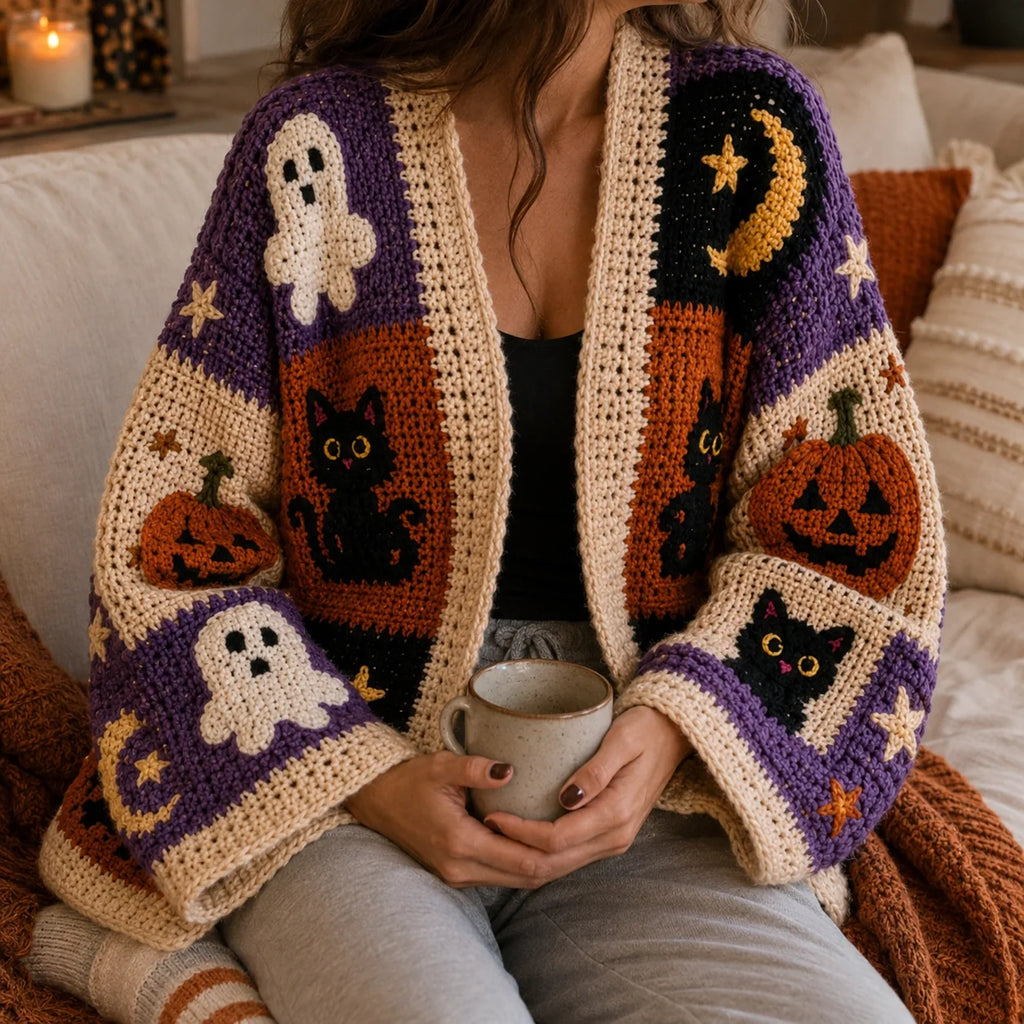 Halloween Patchwork Crochet Cardigan Pattern - Pumpkin Ghost Cat PDF, XS-8XL