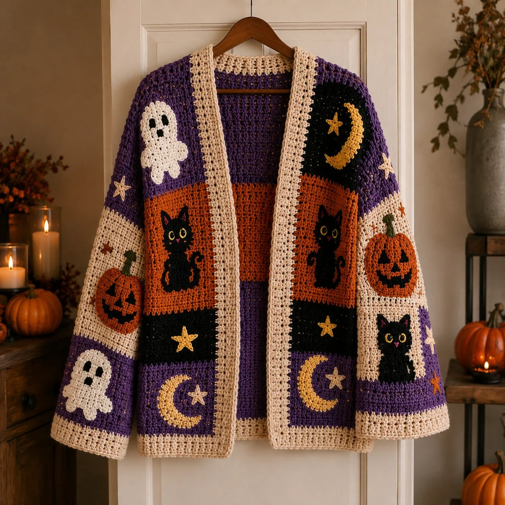 Halloween Patchwork Crochet Cardigan Pattern - Pumpkin Ghost Cat PDF, XS-8XL