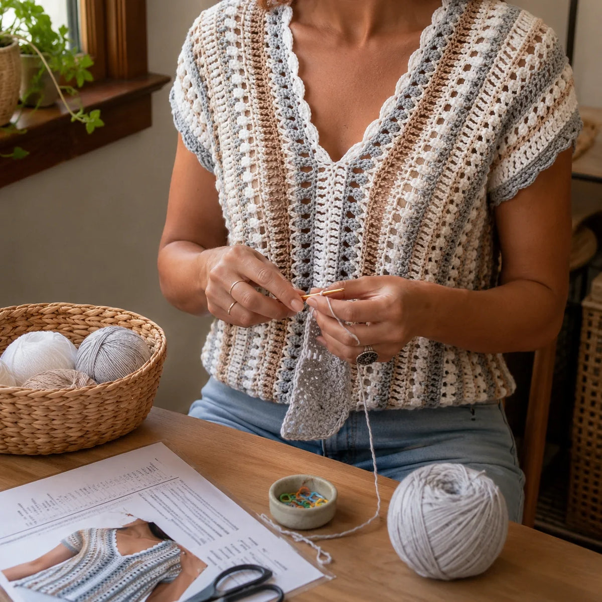 Meadow Stripe V-Neck Crochet Top Pattern - Easy V-Neck, XS-3XL