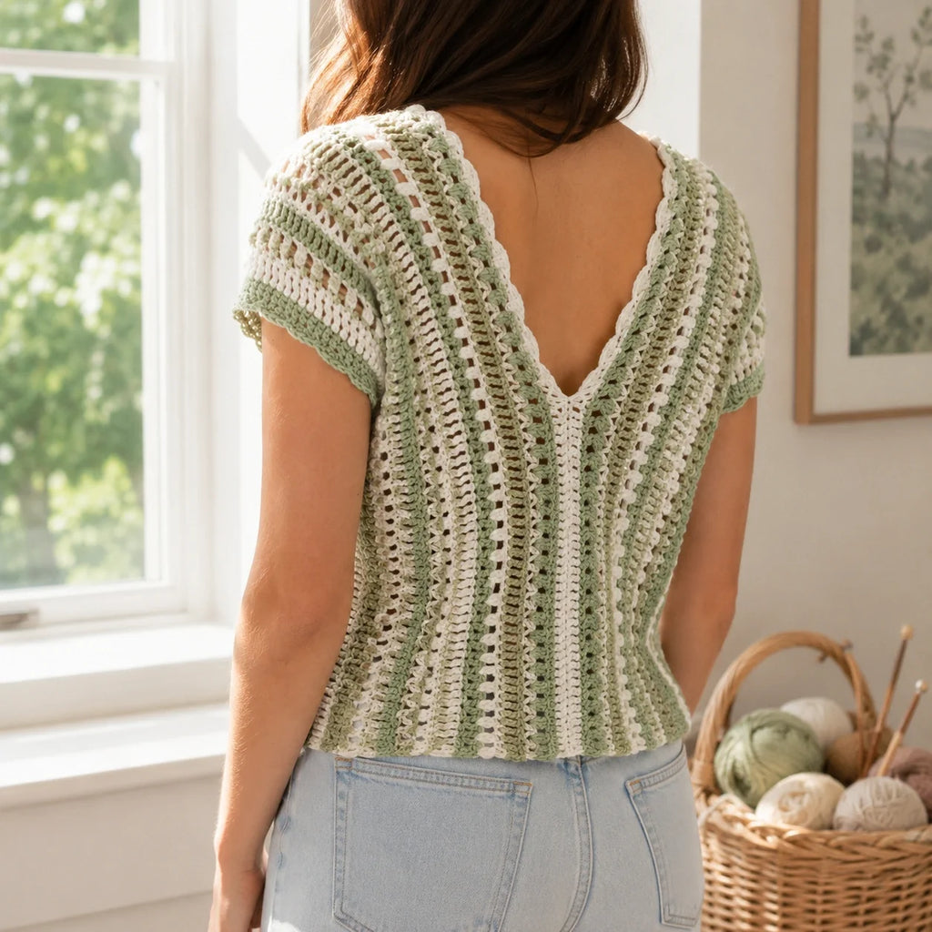 Meadow Stripe V-Neck Crochet Top Pattern - Easy V-Neck, XS-3XL