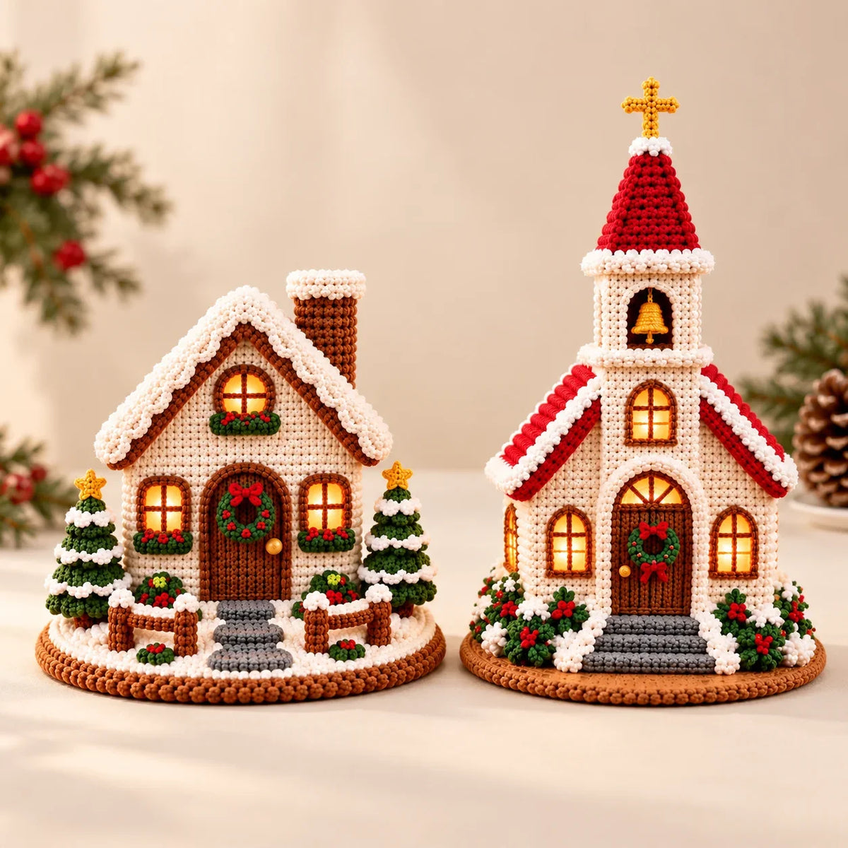 Crochet Christmas Village Pattern Set - House, Church & Trees