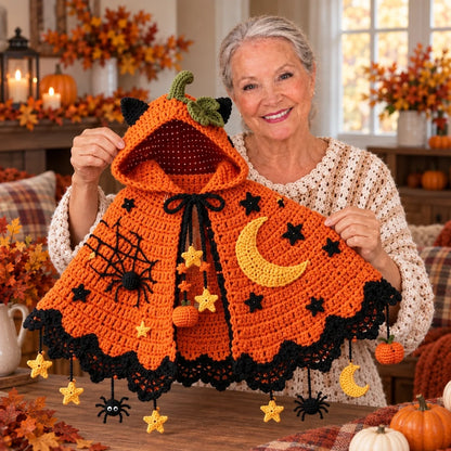 Pumpkin Moon Crochet Cape Pattern – Kids Halloween Hooded Cape