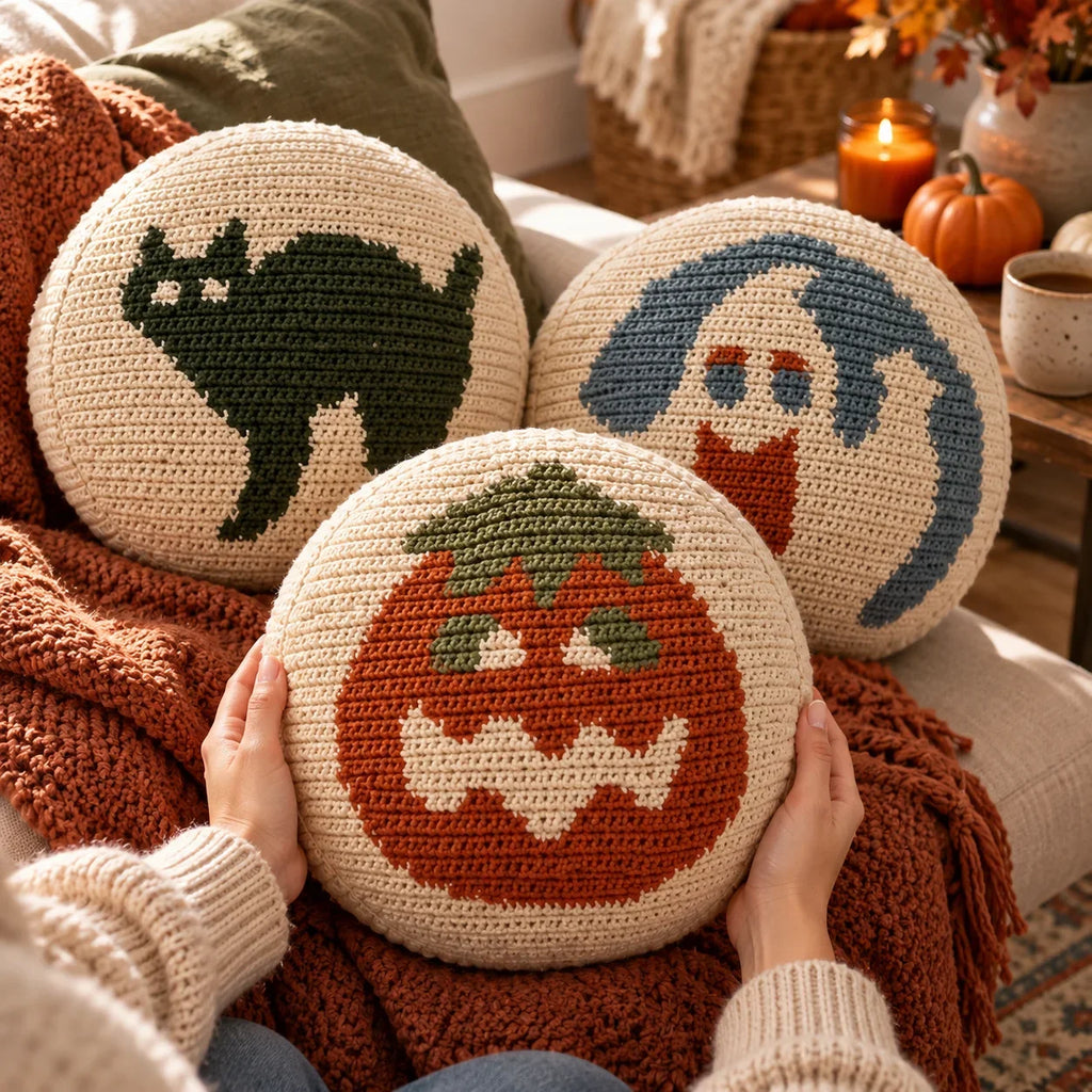 Halloween Crochet Pillow Pattern Set – Cat, Pumpkin & Ghost