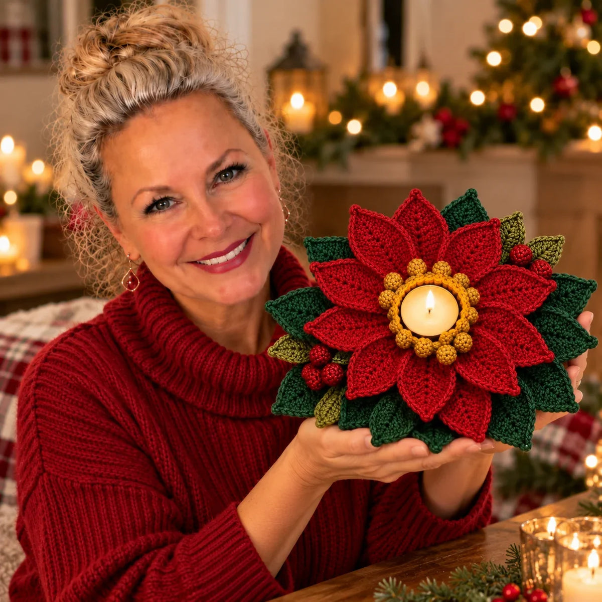 Crochet Poinsettia Tealight Holder Pattern - Christmas Table Decor